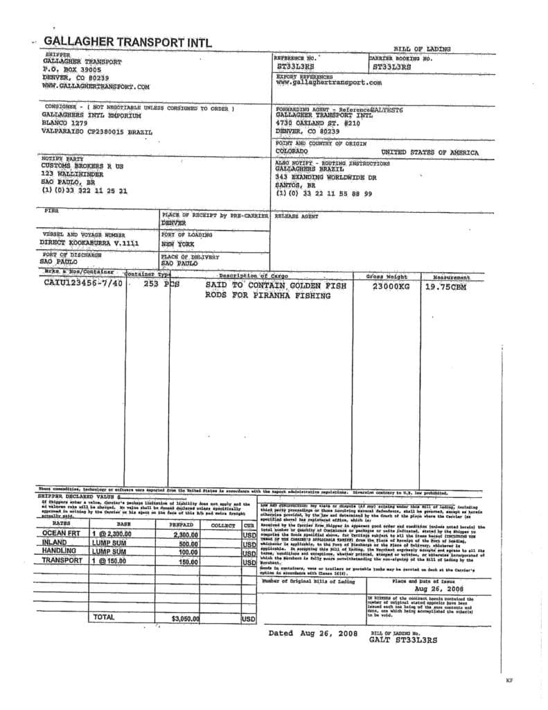 Customs Forms Bill of Lading