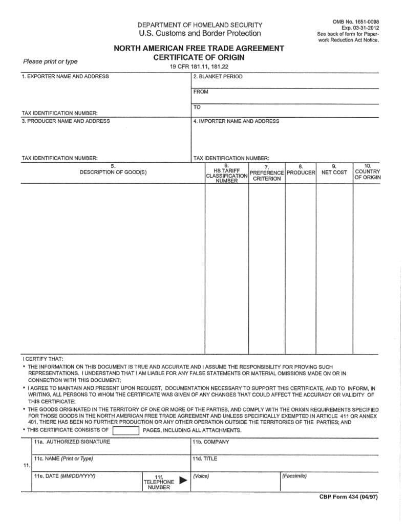 Certificate of Origin Customs Forms